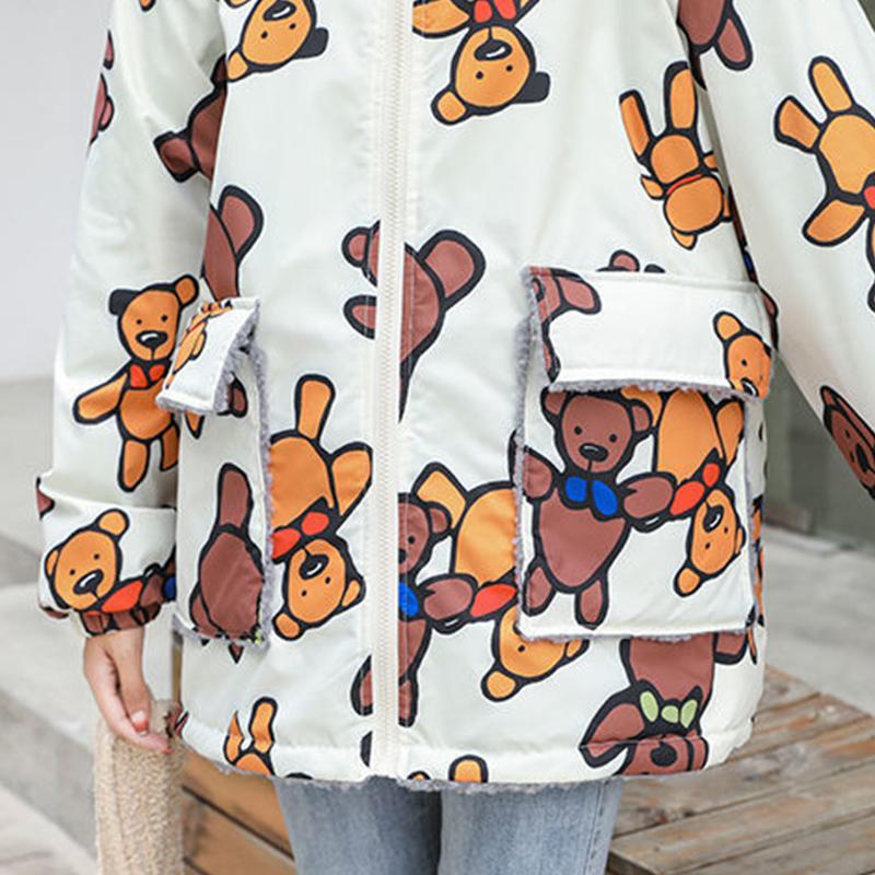 Double-sided Printed Women's Cotton-padded Jacket Spring Autumn Student Jacket Korean Hooded Bear Lamb Wool Cotton Jacket