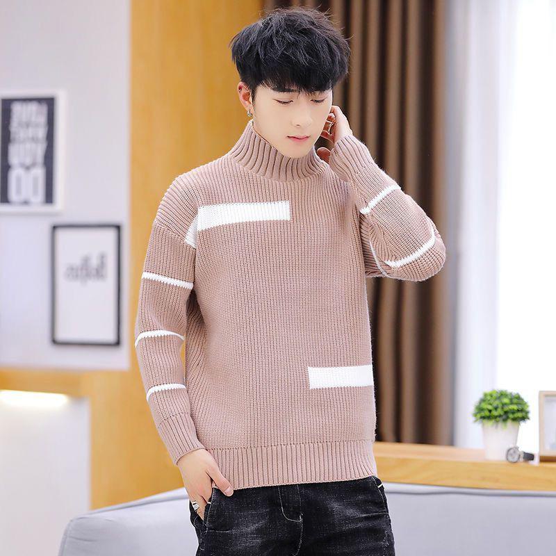 Spring and Autumn Striped Casual Round Neck Sweater Personalized Half High Neck Splicing Color Sweater