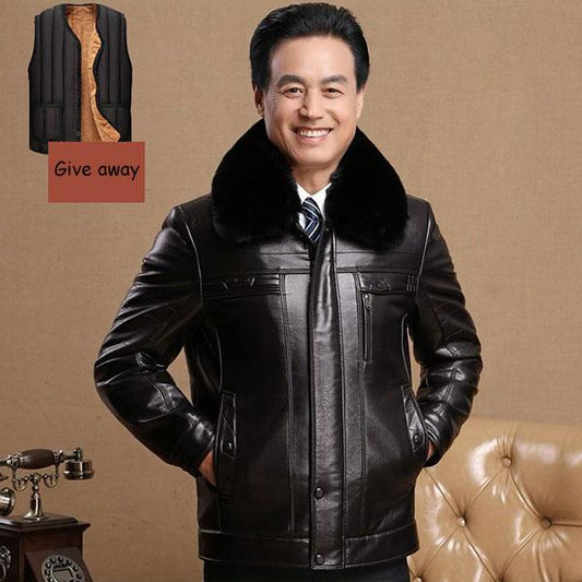 Winter Clothing Plus Cotton Middle-aged and Elderly Men's Middle-aged Warm Leather Jacket Leather Jacket Plus Velvet Thickening Parka Coat