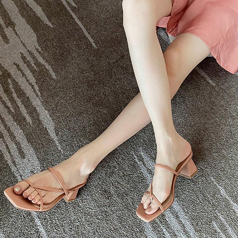 Sandals Wear Soft Leather Thick-heeled Sandals with A Mid-heel Fairy Gentle Wind Flip Flops