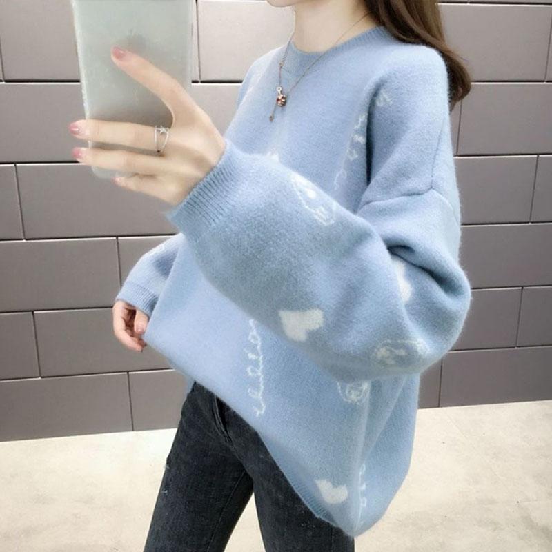 Autumn and Winter Thick Plus Size Sweater All-match Thinner Round Neck Jacket Lantern Sleeve Knitted Female Top