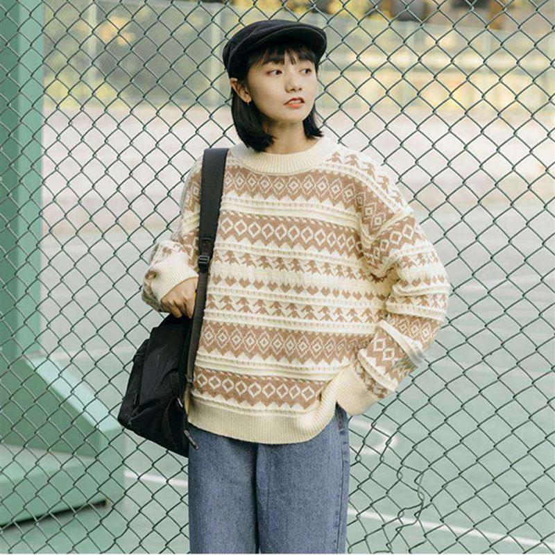 Autumn and Winter Loose Sweater Literary Retro Japanese Jacket Casual Jacquard Women's Top