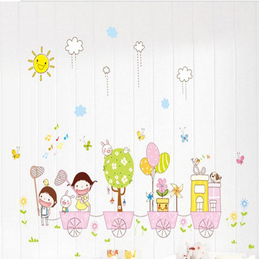 Kindergarten children's room Happy childhood childish wall stickers Train school bus wallpaper