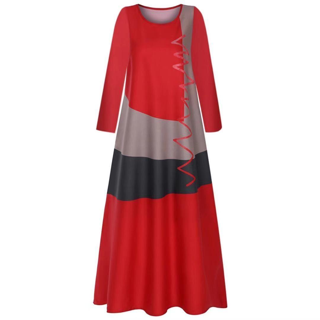 4 Colors Women Fashion O-Neck Long Sleeve Stitching Print Robes Autumn Casual Party Long Dresses