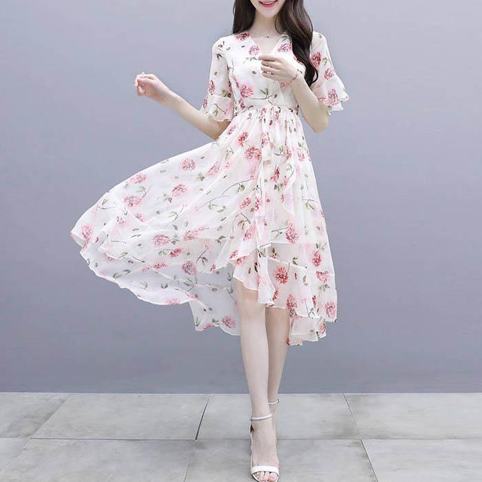 Pofulove Women Chiffon Printed V-neck Dress Slim Fit A-line Sun-dresses Mid-length Beach Skirt