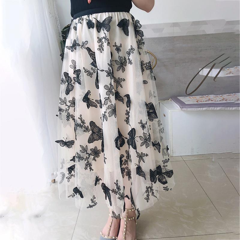 Butterfly embroidery Women Chiffon Skirt Mid-length A-line Skirt Plus Size Fairy Skirt Summer Ruffled Elastic Waist Sandy Beach Vacation Daily