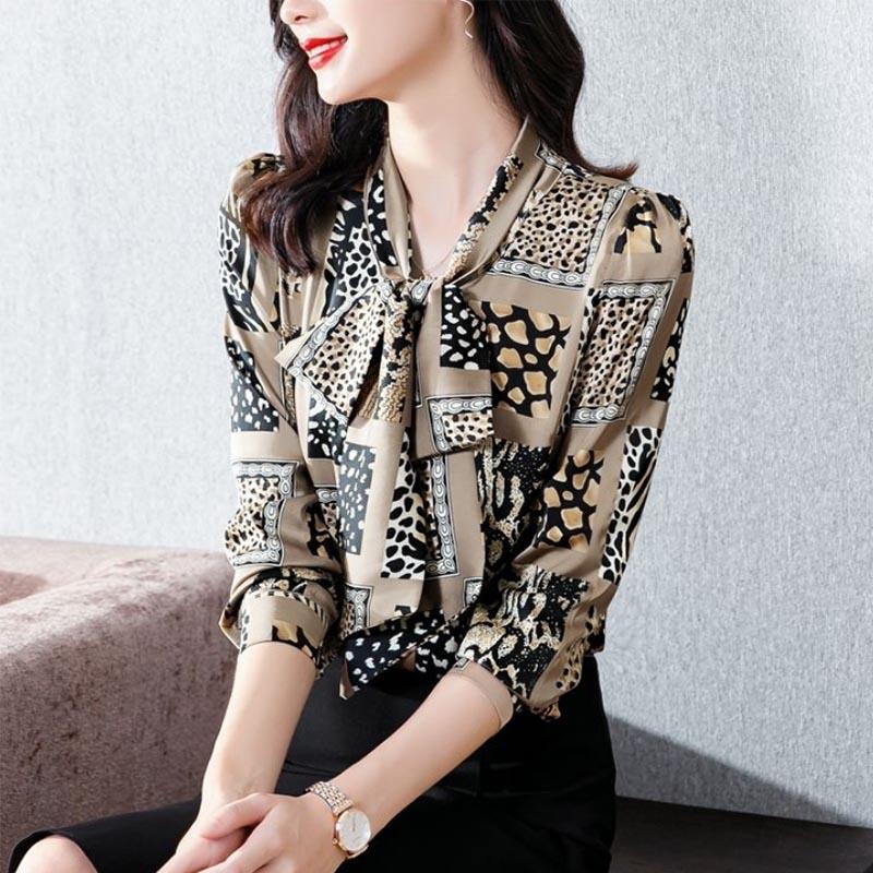 Chiffon Print Shirt Women's Light Ripe Bow Top All-match Commuter Long Sleeve