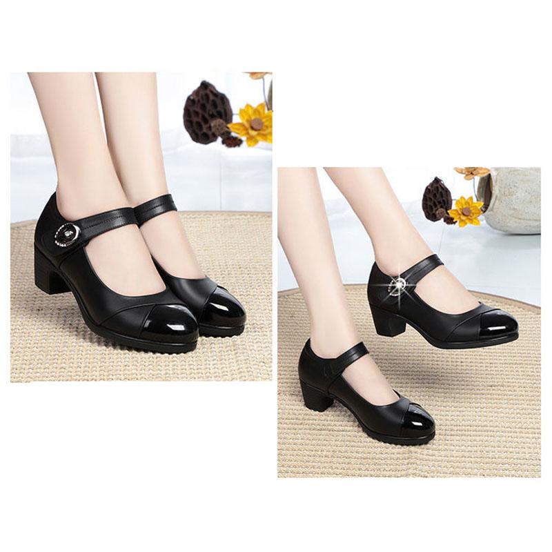 Spring and Autumn Mother's Soft Sole Comfortable Women's Single Shoes Real Soft Leather Shoes Thick Heel Middle-aged Velcro Mid-heel Shoes