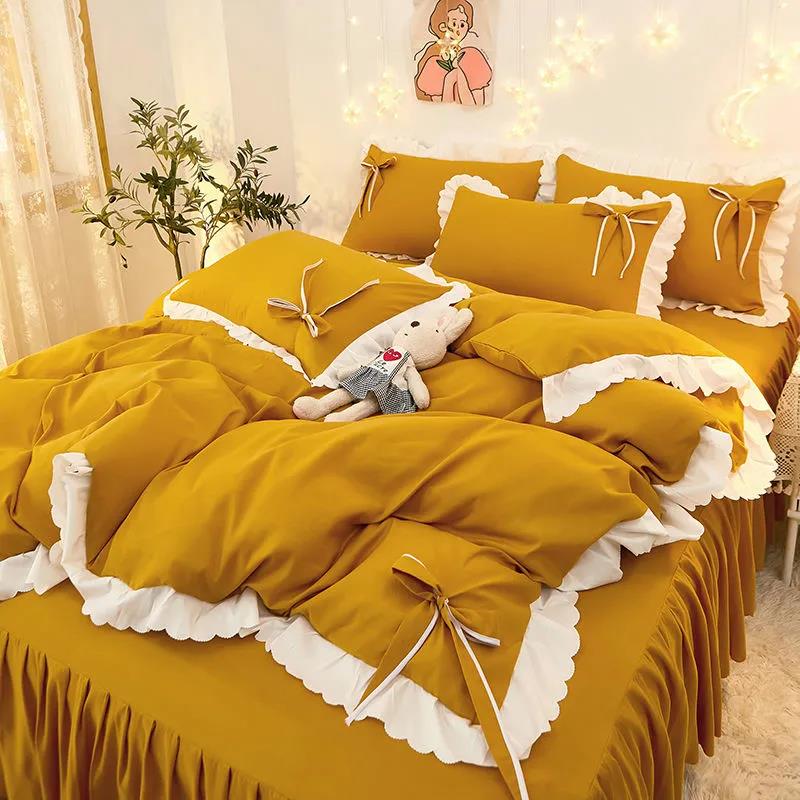 Korean Version of Solid Color Lace Bowknot Bed Skirt Four-piece Bedding Sanding Bed Linen Duvet Cover Double Bed