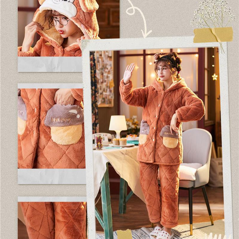 Thick Quilted Plus Velvet Three-layer Quilted Pajamas Women's Winter Coral Fleece Soft and Warm Home Service Skin-friendly Soft and Washable