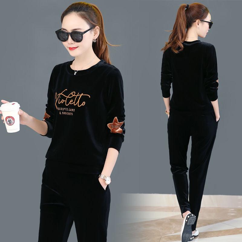 Women's 2pcs Set Wild Long-sleeved Casual Sweatshirt Set Large Size Spring and Autumn