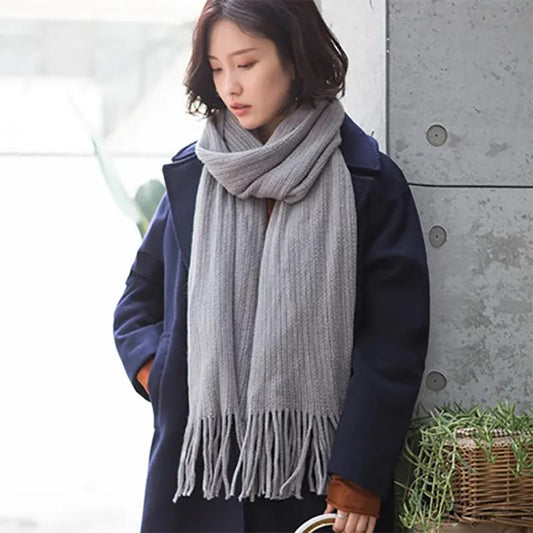 Scarf Women Winter Style Korean Wild Style Knitted Thick Warm Woolen Pure Color Fringed Bib Female