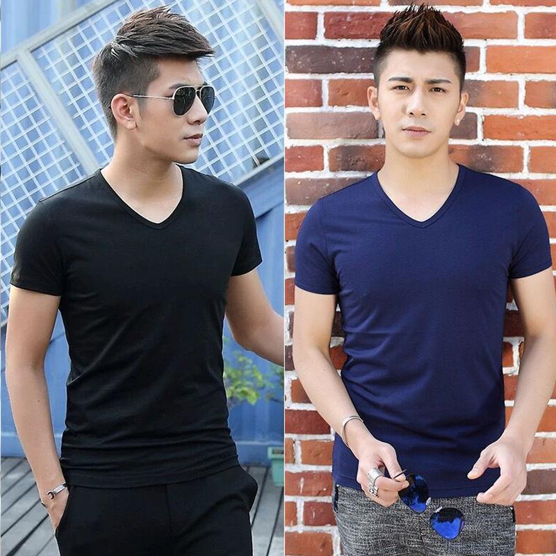 Two-piece Short-sleeved T-shirt Men's V-neck Solid Color Black Tide Top Slim Bottoming Shirt Summer T-shirt