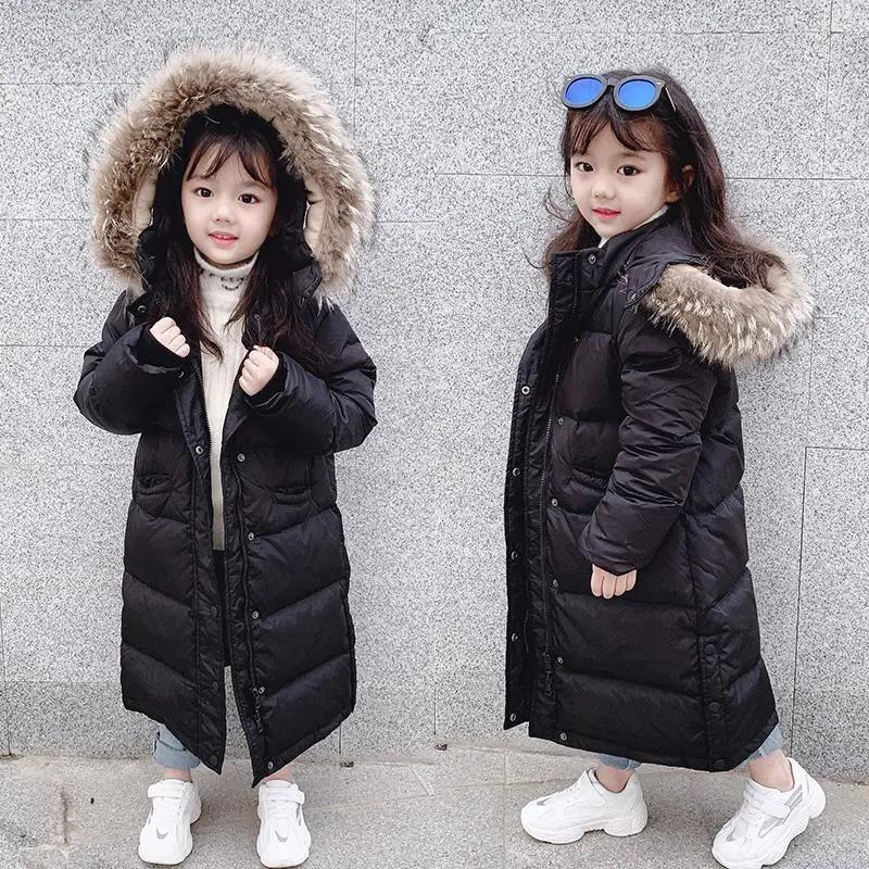 Girls' Down Warm and Windproof Cotton Jacket Mid-length Children's Long Over-the-knee Children's Clothing Plus Velvet Padded Jacket