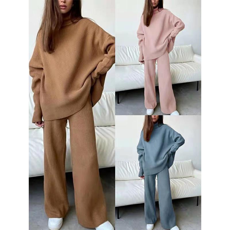 2PCS Long Sleeve Sweater Wide Leg Pants Trousers Loose Turtleneck Knit Sweater Casual Two Piece Sweater Set Solid Color Sweat Suits For Women