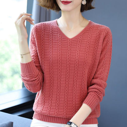 Knit Sweater Women Fall Winter Loose Twist V-neck Sweater Women's Plus Size Top Bottoming Shirt All-match