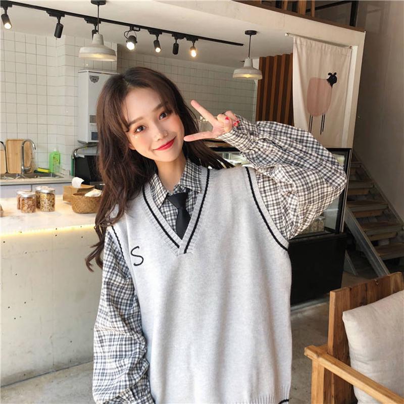 Winter Retro Gray Sweater Vest Women Student Wear Inside Out Thick Warm Knit Vest Top