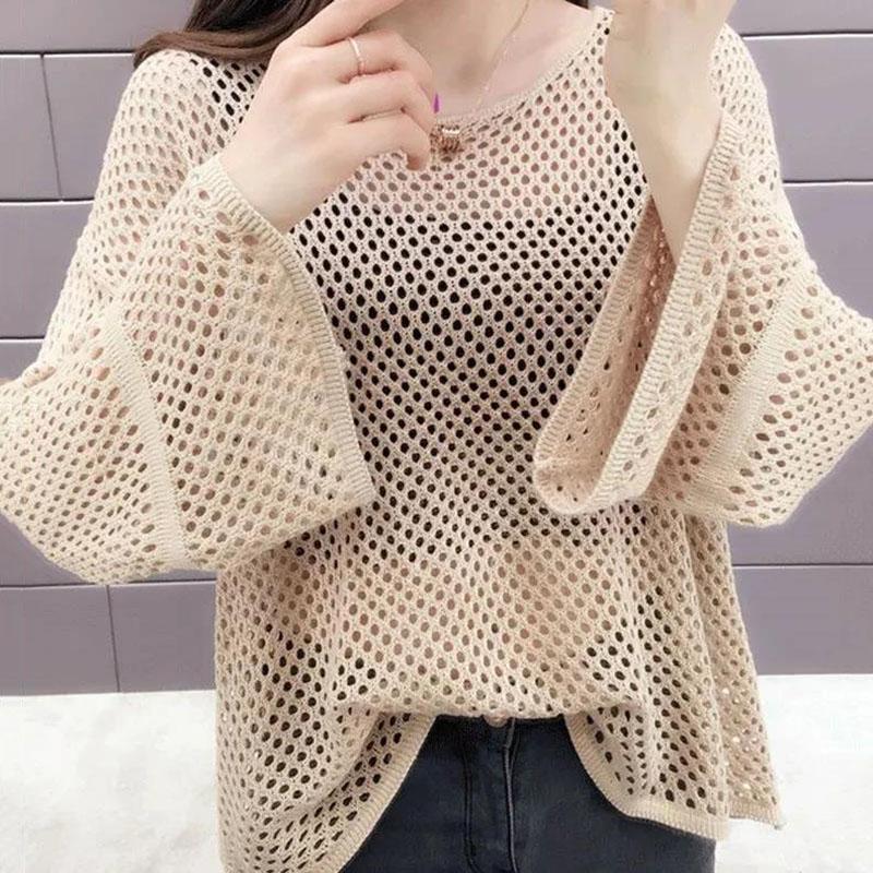 Summer Ice Silk Knitted Sunscreen Blouse Trumpet Net Shirt Top Hole Thin Women's Loose Hollow See-through Fabric Light and Breathable