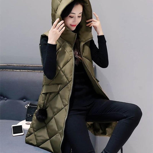 Autumn and Winter Down Cotton Waistcoat Women's Mid-length Coat Vest Slim Hooded Waistcoat Large Size Wool Ball Waistcoat Tide