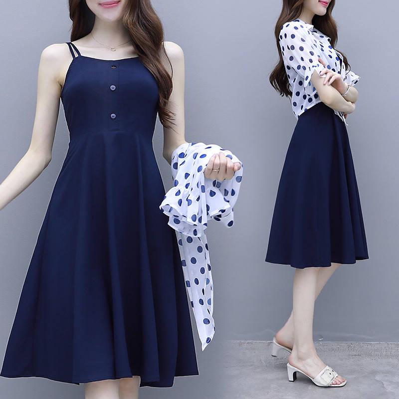 Dress Suit Women  Polka Dot Blouse Coat Spaghetti Strap Dress Two-piece Summer Outfits