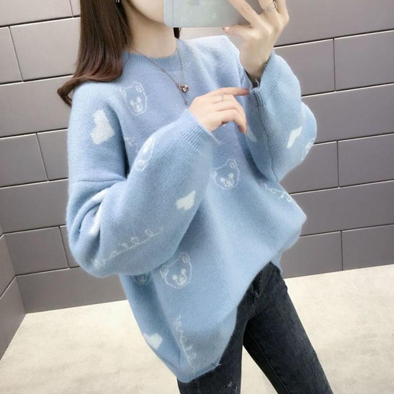 Autumn and Winter Thick Plus Size Sweater All-match Thinner Round Neck Jacket Lantern Sleeve Knitted Female Top