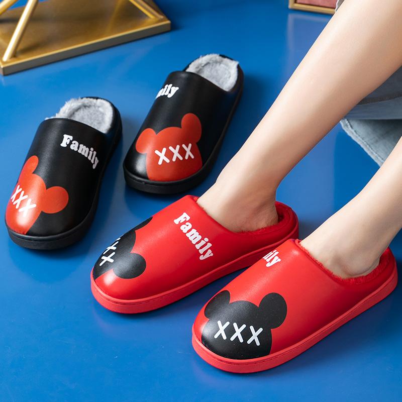 Women Winter Home Slippers PU Waterproof Cartoon Shoes Non-slip Soft Warm Men House Slippers Indoor Bedroom Lovers Couples