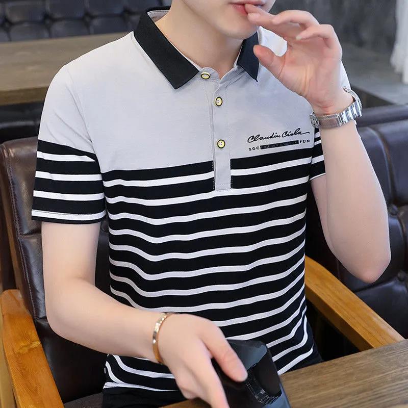 Summer Men's Short-sleeved T-shirt Lapel POLO Shirt Youth Trend Bottoming Shirt Striped Top