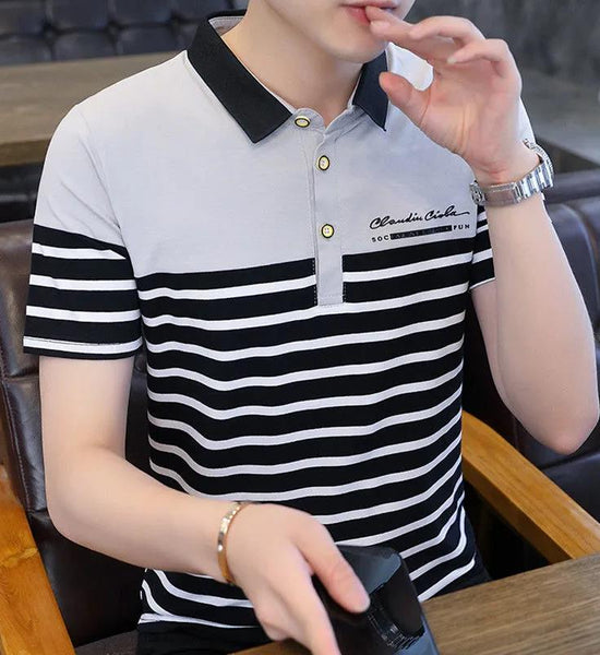 Summer Men's Short-sleeved T-shirt Lapel POLO Shirt Youth Trend Bottoming Shirt Striped Top