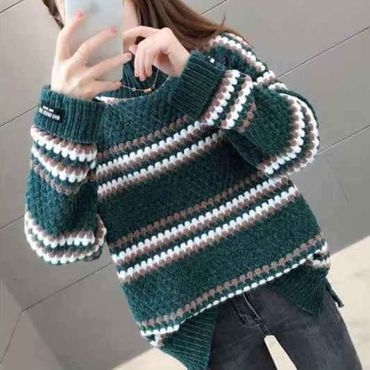 Women's Winter Large Size Versatile Striped Sweater Female Autumn Loose High Collar Long Sleeve Warm Knitted Pullover