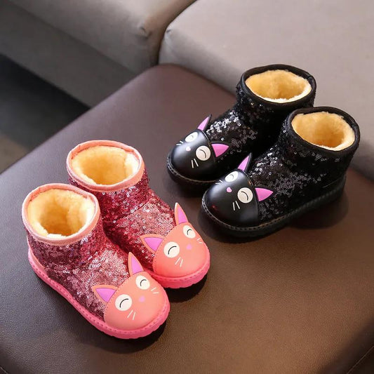 Winter Waterproof Cotton Boots Girl's Non Slip Plush Short Boots Children's Cartoon Sequins Snow Boots