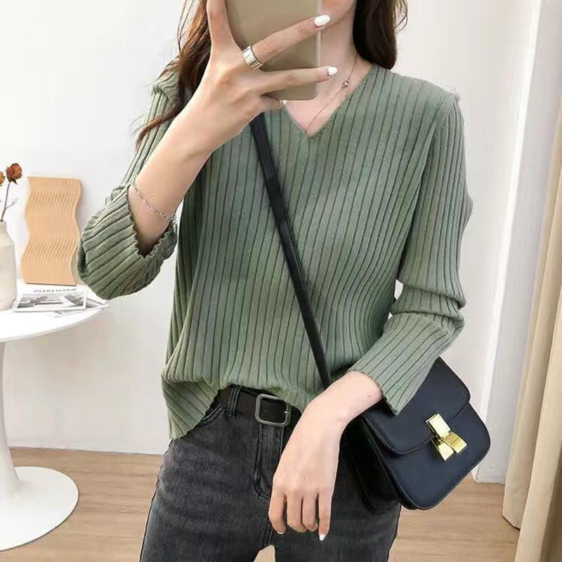 V-neck Long-sleeved Loose Bottoming Sweater Outer Wear Pure Color Thin Sweater Fabric Soft and Versatile Simple Sweater Women