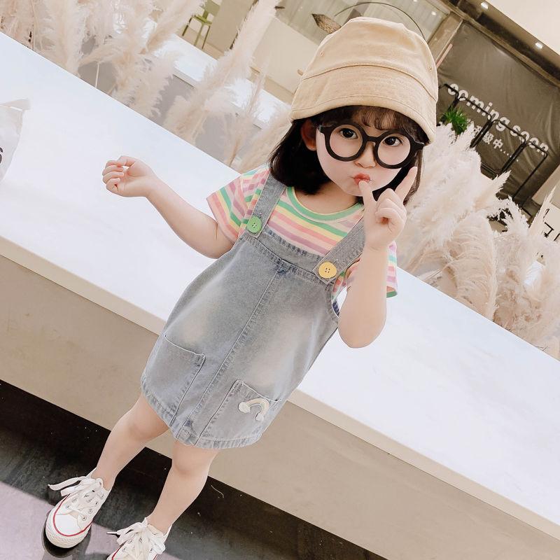 2PCS Children Clothing Set Spring Summer Girls Suits Printing Short Sleeve Stripe Tops + Suspender Skirt Clothing Set