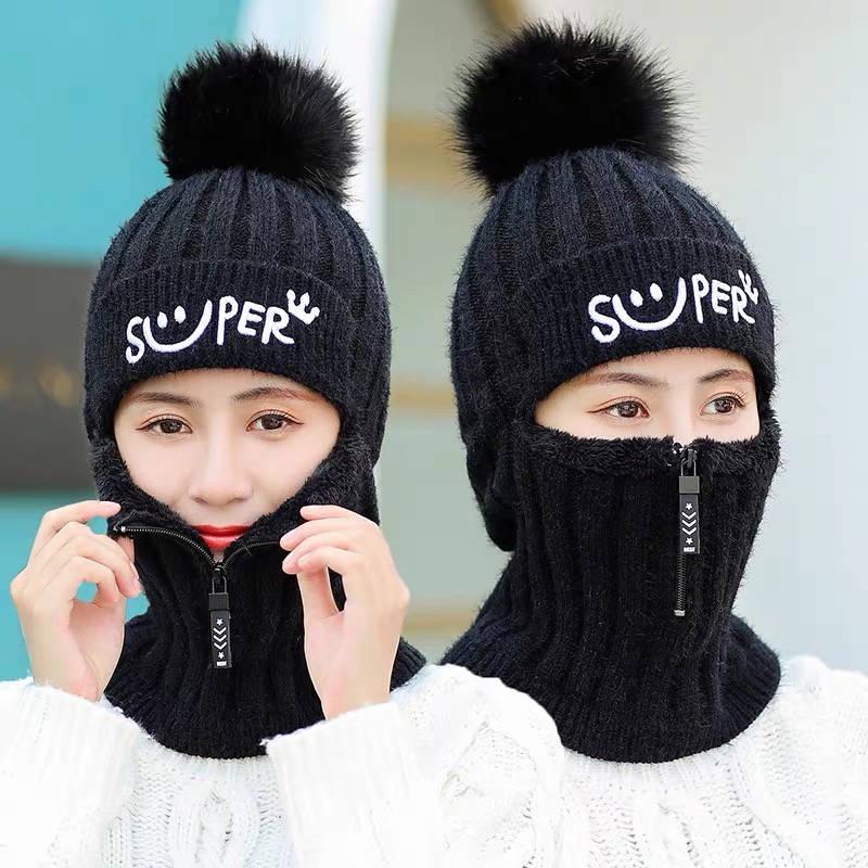 Scarf Hat Women Winter Plus Velvet Knitted Ear Protection Wool Cap Warm Cycling Cap