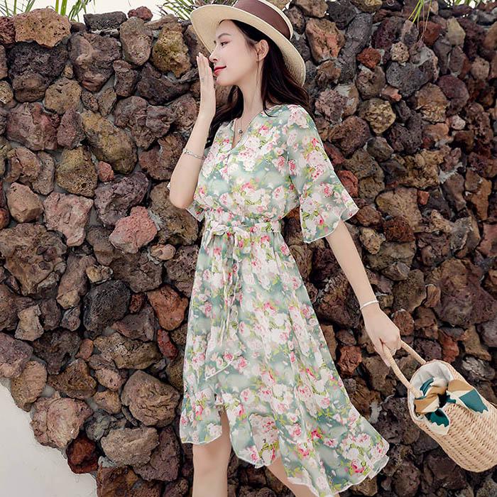 Pofulove Women Chiffon Printed V-neck Dress Slim Fit A-line Sun-dresses Mid-length Beach Skirt