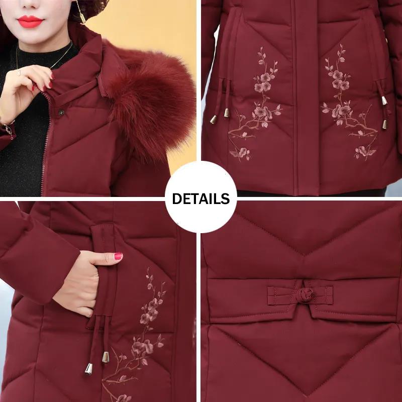 Winter Down Cotton Jacket Fashion Fur Collar Hooded Mid-length Jacket Thick Warm Cotton Jacket Suitable for Middle-aged Women