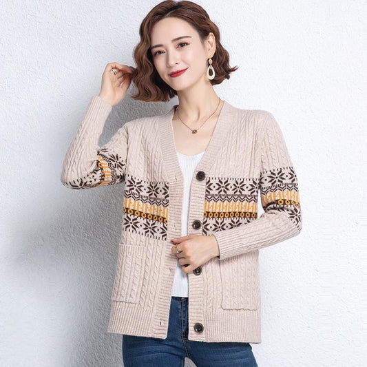 Autumn and Winter Printed Cardigan Women's Plus Size Casual Sweater Coat High-end Wool Sweater