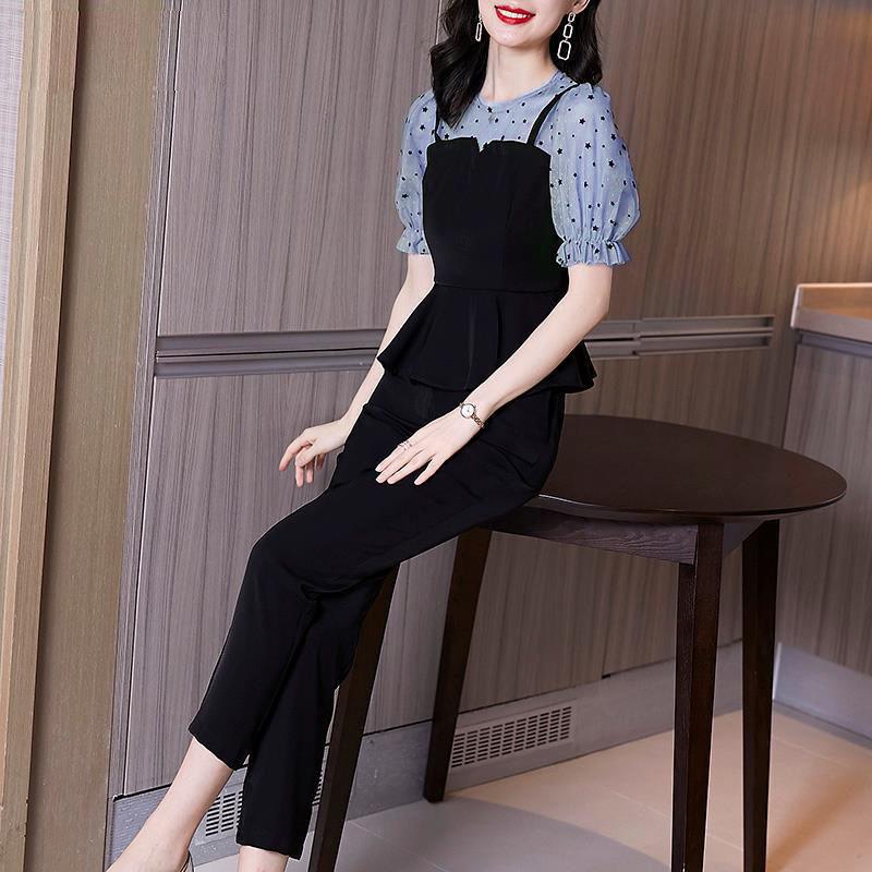 Suit Women Xia Xian Thin Chiffon Shirt Pants Short-sleeved Stitching Top Casual Temperament Two-piece Chiffon Fabric Light and Breathable