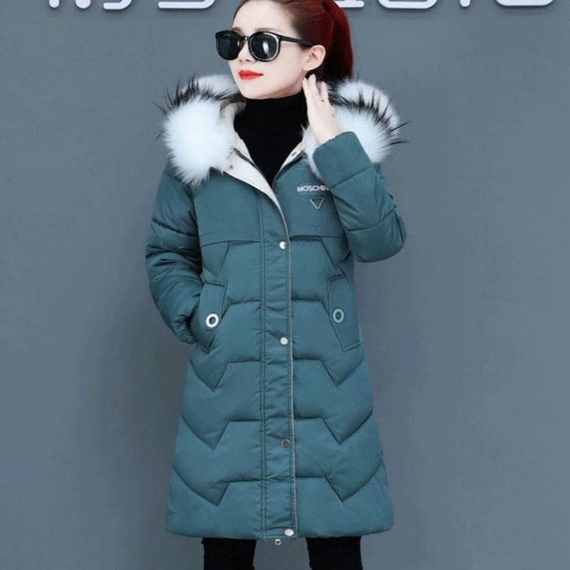 Ladies Down Jacket Winter Fashion Big Fur Collar Hooded Jacket Thick and Cotton Warm Mid-length Jacket