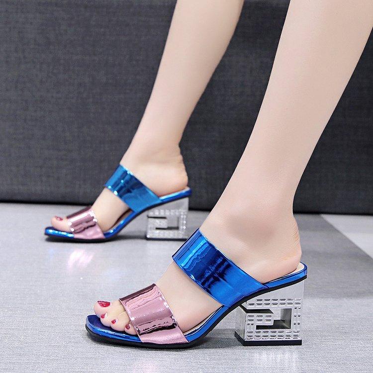 Summer Thick with One Word Drag Color Matching Women's Outer Wear Fashion High-heeled Slippers