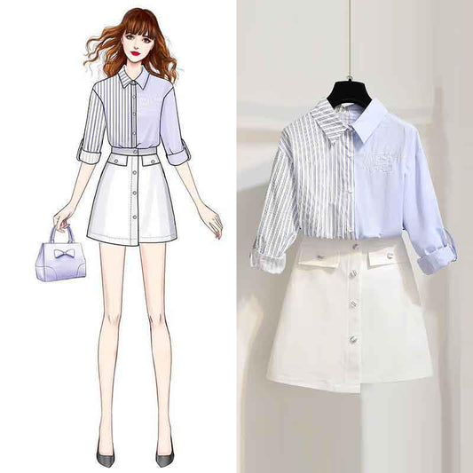 Women Blue Long Sleeve Striped Shirt+White Sexy Skirt 2pcs Office Lady Shirt Skirt Suit