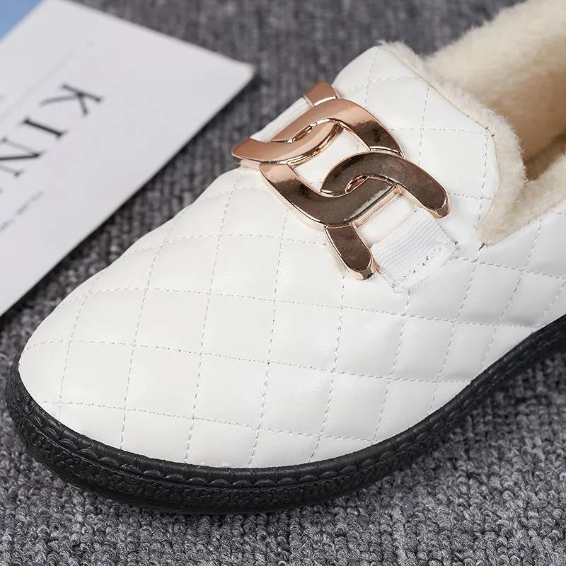 Winter Warm PU Waterproof Women's Cotton Shoes Plus Velvet Thick Snow Cotton Flat Non-slip Work Shoes