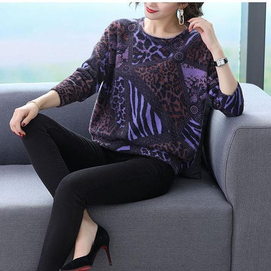 Autumn Winter Leopard Print Cashmere Sweaters Women Artificial Mink Wool Sweaters Fashionable Loose Warmth Jumper Outwear