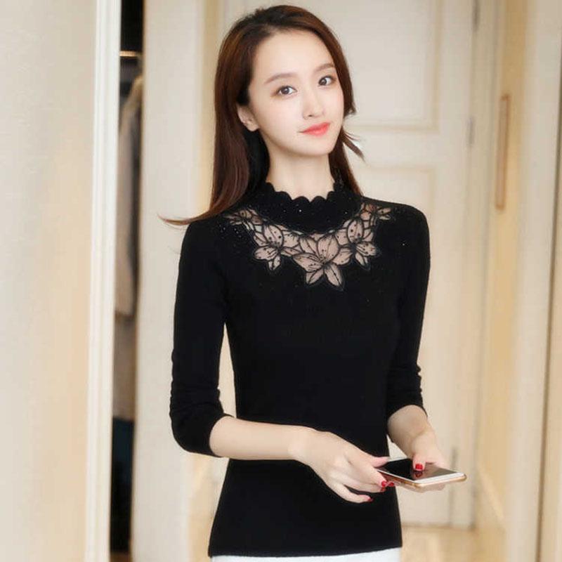 Pofulove Winter Turtleneck Sweater Women Lace Rhinestone Long Sleeve Bottoming Sweater Slim Knit Pullover