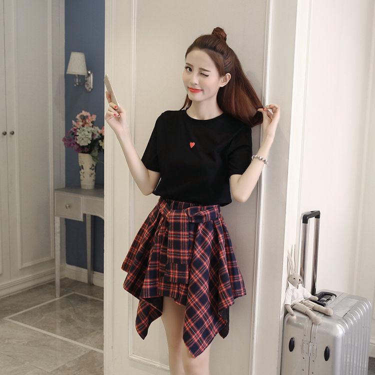 Spring and Summer Fashion Solid Color Suit Skirt Women's Short-sleeved T-shirt High Waist Irregular Plaid Skirt Two Pieces