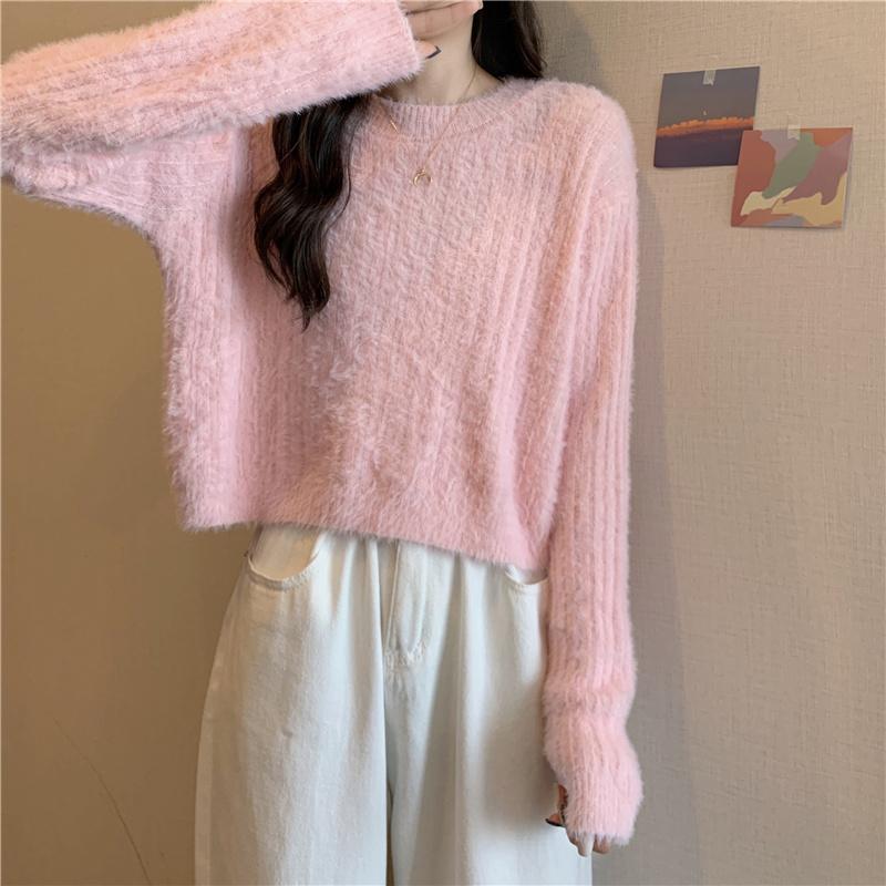 Pink Sweater Women Knitted Pullover Sweater O Neck Long Sleeve Loose Casual Jumper Furry Fall Winter Women Sweater Cropped Tops Short Clothes