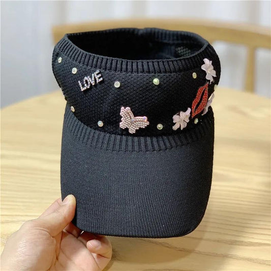 Rhinestone Empty Top Hat Women's Lipstick Topless Peaked Cap Spring Summer Sun Hat Cute Sunscreen Protective Hat