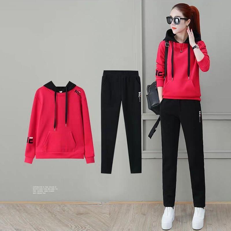 Plus Velvet Thickened Leisure Sports Suit Women Loose Hooded Hoodie Two-piece Fabric Breathable Warmth and Comfort