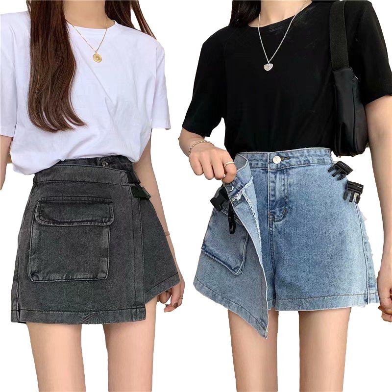 WTEMPO Big Pocket Irregular High Waist Denim Shorts Women Loose Wide Leg A-line Casual Shorts