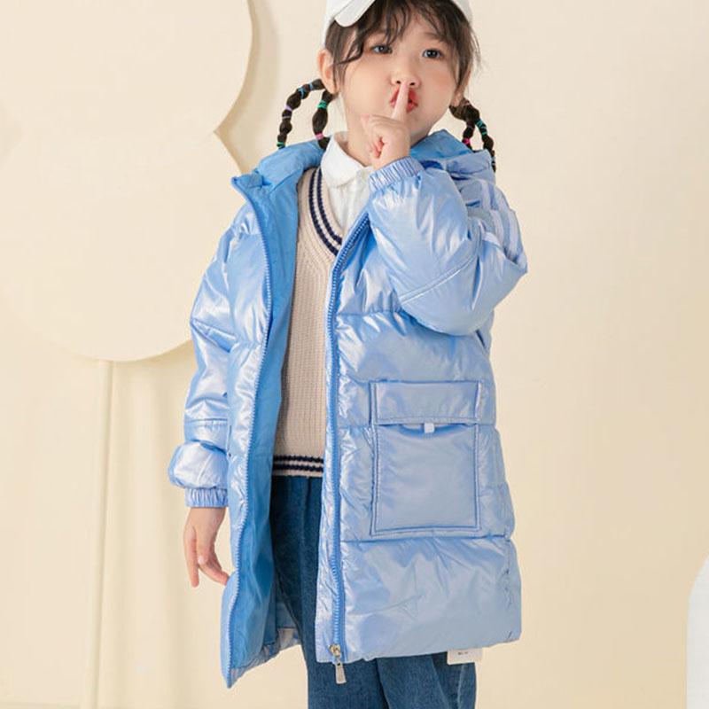 Children's Down Jackets Medium-length Boys and Girls White Duck Down Jackets Thick Warm Shiny and Wash-free Hooded Children's Wear