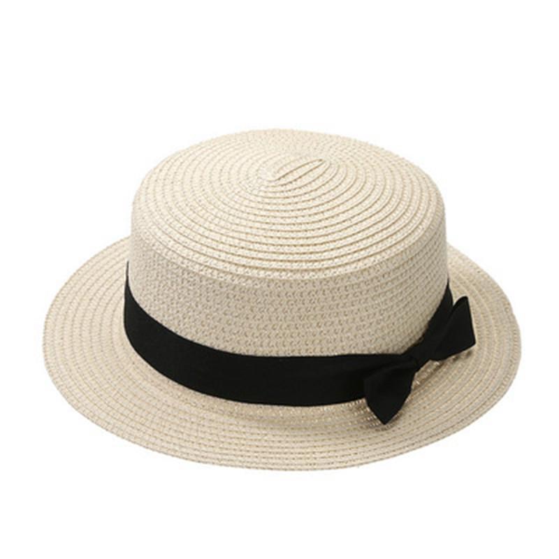 Lady Boater sun caps Ribbon Round Flat Top Straw beach hat Panama Hat summer hats for women straw